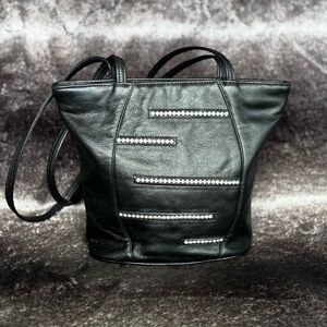 Black Genuine Leather Bag with Rhinestone Accents